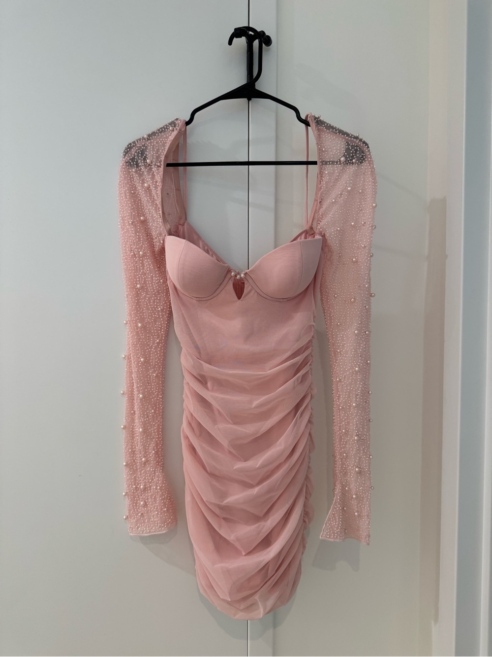Oh Polly Blush Pink Ruched Mesh Bodycon Dress with Pearl-Embellished Sleeves